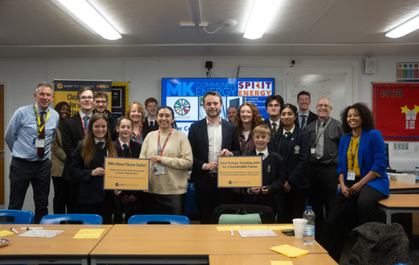Radcliffe School's Student Voice group with Chris Curtis MP and Cllr Shanika Mahendran on their solar education day